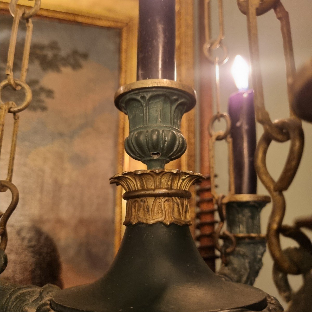 Small Vestibule Chandelier Antique Etruscan Empire Style Late 19th Bronze And Cast Iron-photo-6