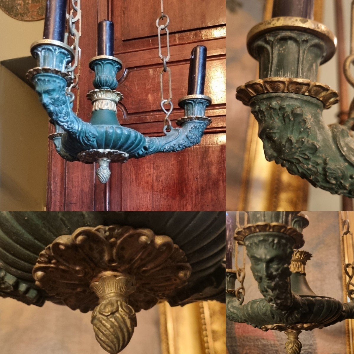 Small Vestibule Chandelier Antique Etruscan Empire Style Late 19th Bronze And Cast Iron