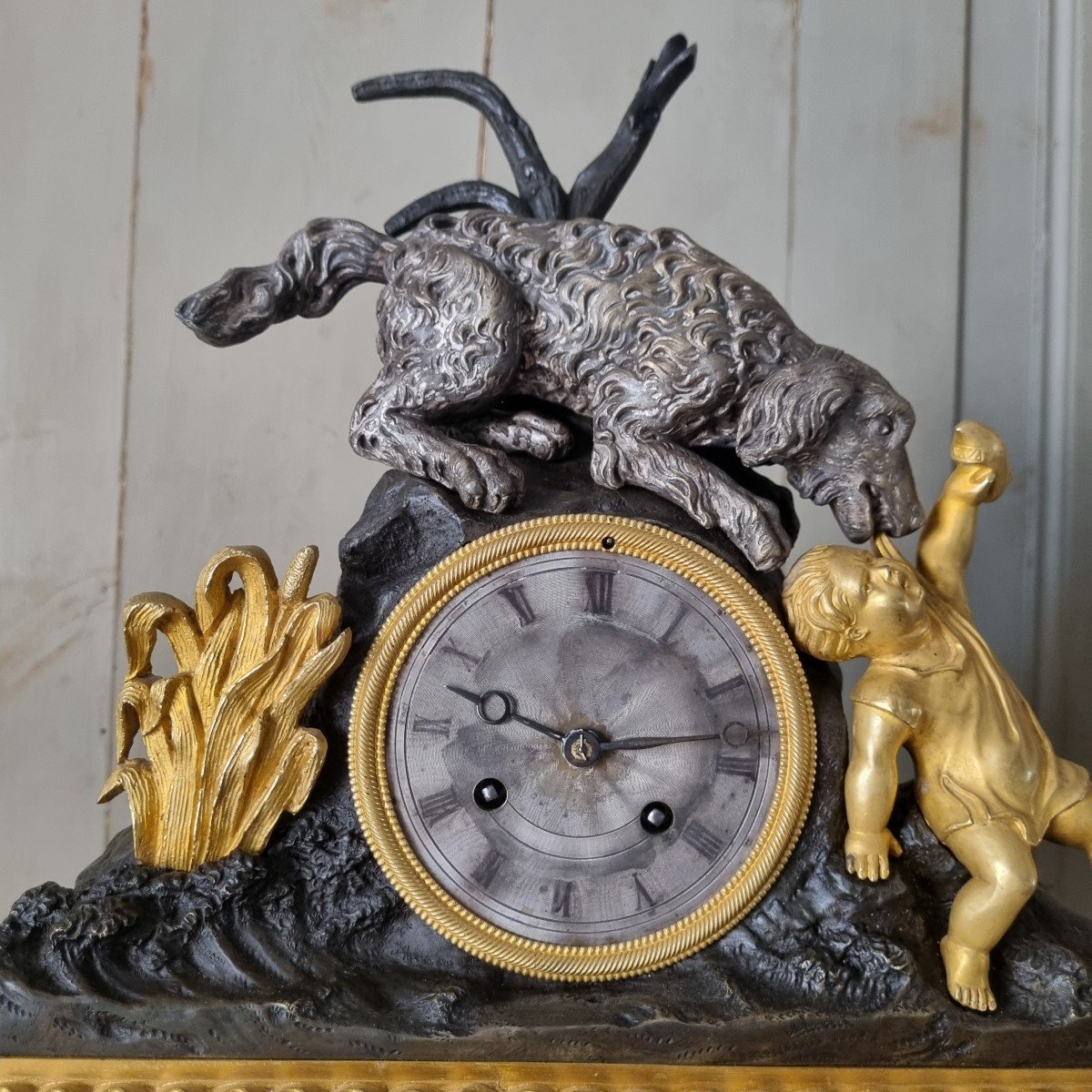 Clock Dog Saving A Child Circa 1830 Romantic Gilt Bronze-photo-2