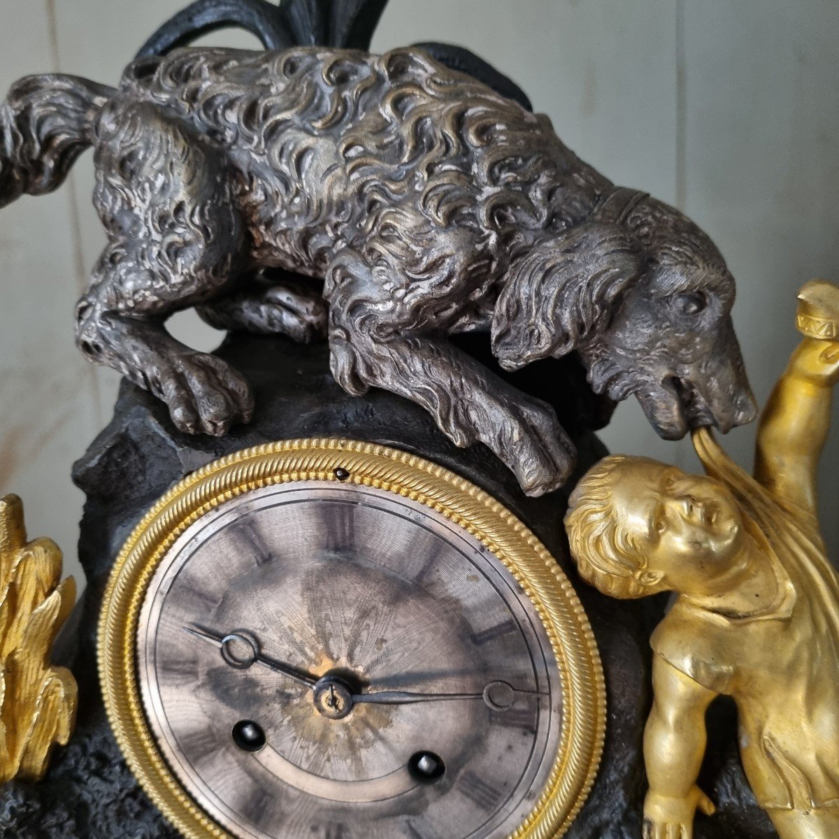 Clock Dog Saving A Child Circa 1830 Romantic Gilt Bronze-photo-3