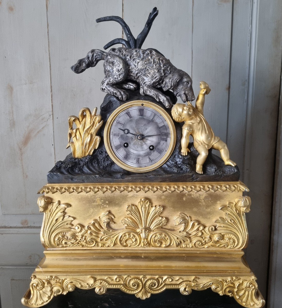 Clock Dog Saving A Child Circa 1830 Romantic Gilt Bronze