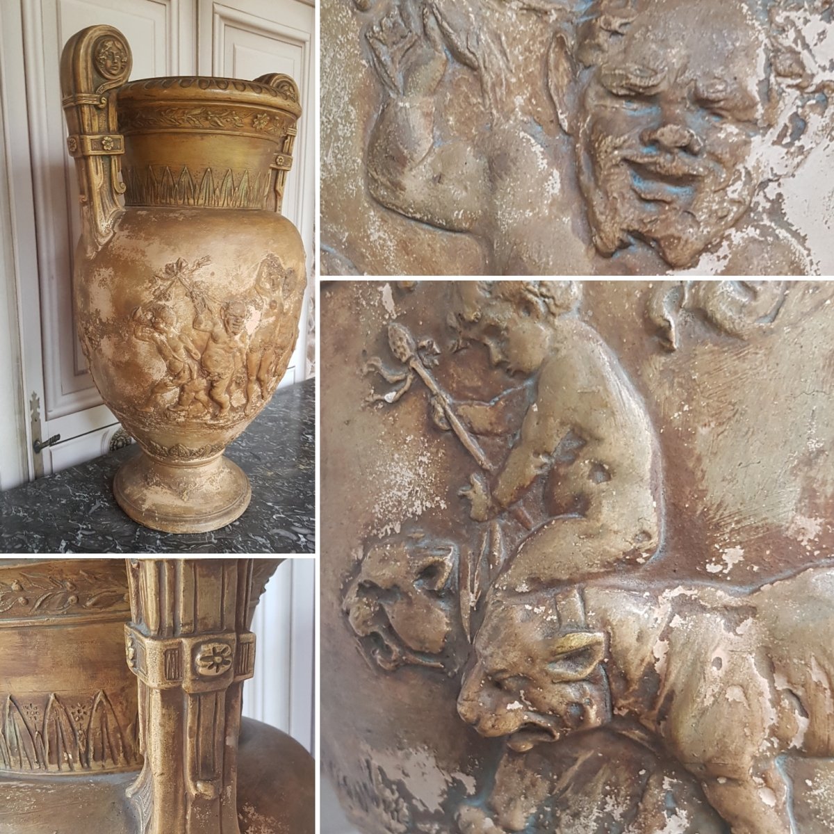 GRAND VASE CRATÈRE À VOLUTES TERRE CUITE BACCHUS XIXe SILÈNE DYONISIAQUE