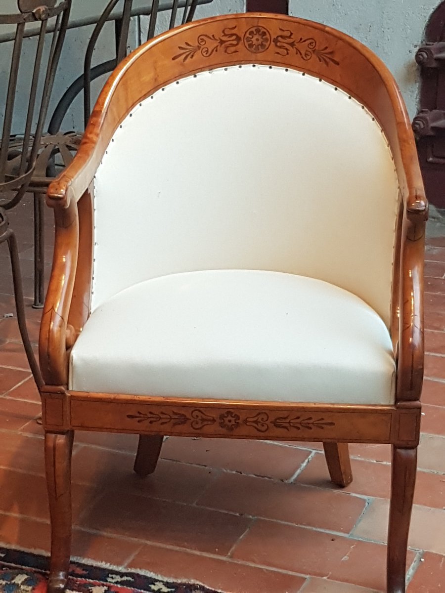 PAIRE DE FAUTEUILS GONDOLES ÉPOQUE CHARLES X ÉRABLE MOUCHETÉ BOIS CLAIR-photo-4