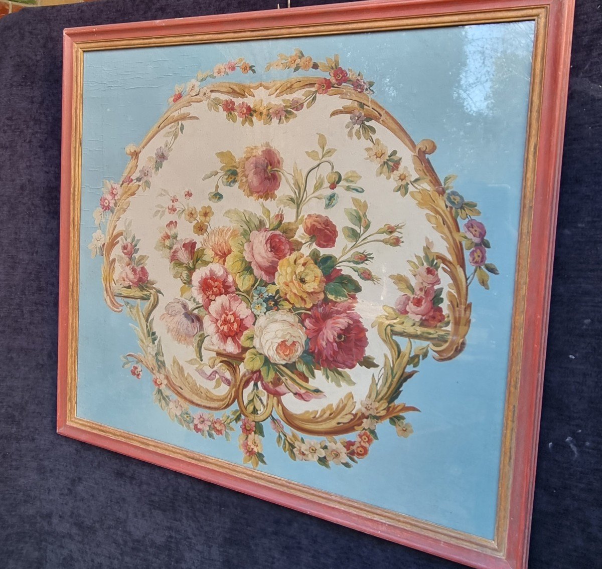 BOUQUET DE FLEURS No2 HUILE SUR TOILE  CARTON POUR TAPISSERIE PROJET ÉPOQUE NAPOLÉON  III 