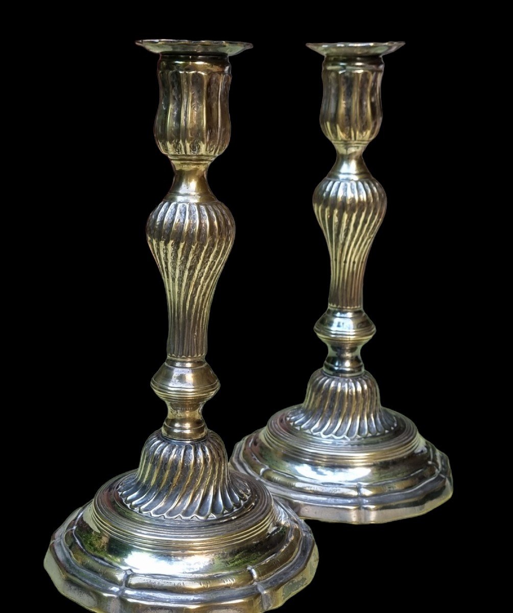 Pair Of Louis XV Period Candlesticks Silver Metal Silver Plated XVIIIth Model Of The King