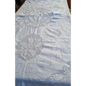 NAPPE EN FIL DE LIN VERS 1900/1920 Broderies 250 cm./ 150 cm