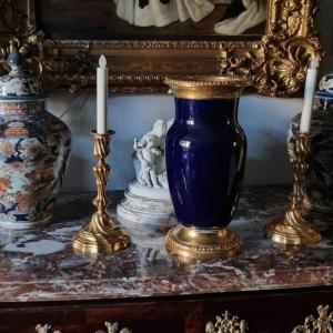 Large Four Blue Faience Vase And Choisy Le Roi Bronze Napoleon III Period