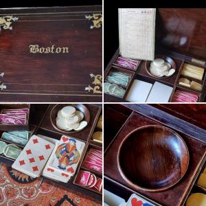 JEU DE BOSTON ÉPOQUE NAPOLÉON III  / WHIST / CARTES / STYLE BOULLE / JEU DE SOCIÉTÉ  / BOÎTE 