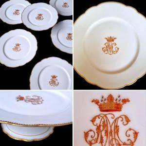 5 Plates And 1 Paris Porcelain Display Napoleon III Crown Marquis Coat Of Arms