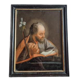 FIXÉ SOUS VERRE PEINTURE SAINT JOSEPH ÉPOQUE XVIIIe