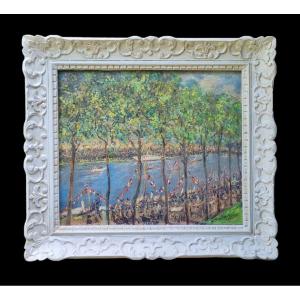 HUILE SUR TOILE IMPRESSIONNISTE IMPRESSIONNISME BORDS DE SEINE DE MARNE GUIGUETTE