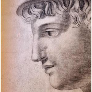 Charcoal Drawing Head Of Mercury Hermes Early 19th C.