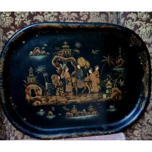 Painted Steel Tray With Chinese Decor Napoleon III Period 64 X 49 Cm