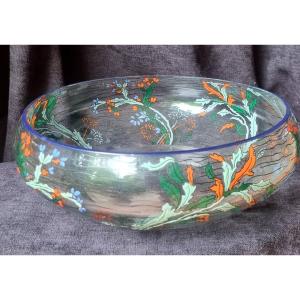 Large Art Deco Enameled Transparent Crystal Bowl From Sevres