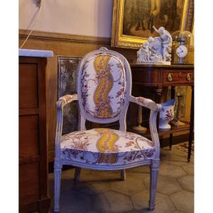 PIERRE PILLOT ATTRIB. FAUTEUIL CABRIOLET ÉPOQUE LOUIS XVI XVIIIe TISSU BRAQUENIÈ NÎMES 