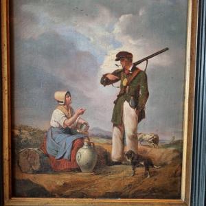 FRANÇOIS GRENIER DE SAINT MARTIN LA RENCONTRE DU CHASSEUR HUILE SUR PANNEAU XIXe CHASSE