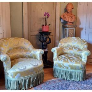 Pair Of Napoleon III Style Toad Armchairs Tassinari And Chatel Lampas