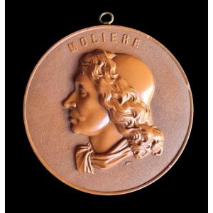 Moliere Profile In Hardened Wood Napoleon III Period Medallion 