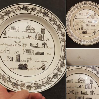 Fine Plate Montereau Grisaille Rebus Creil Empire