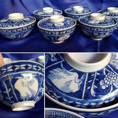 6 POTS COUVERTS TASSE À THÉ PORCELAINE BLEU DE HUÉ CHINE XIXe