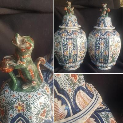 Large Pair Of Vases Covered Potiches In Delft Polychrome Early XIXth