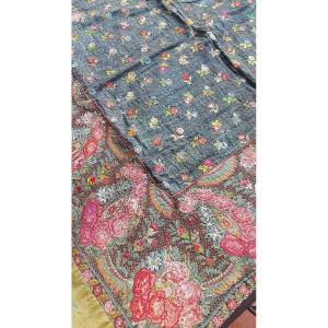 TAPIS DE TABLE TOILE DE  JOUY ALSACE PROVENCE BRODERIE BONNES HERBES RAMONEUR FIN XVIIIe FICHU