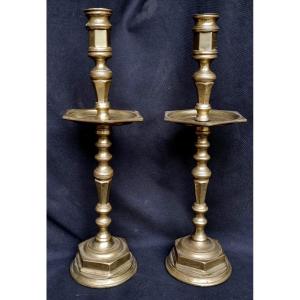 Pair Of Large Bronze Candlesticks XVIIth Haute-Époque Louis XIII XIV