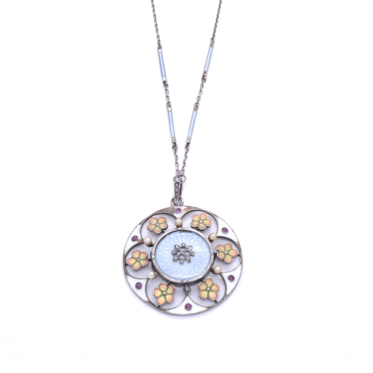 Pendentif Rosace « Couronne De Fleurs », Vers 1900, Email, Argent