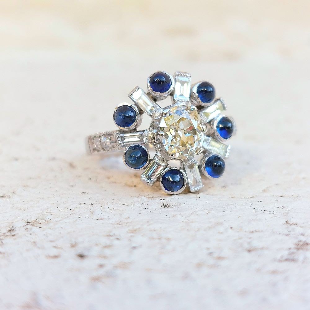 "stella” Art Deco Ring, Diamonds And Sapphires