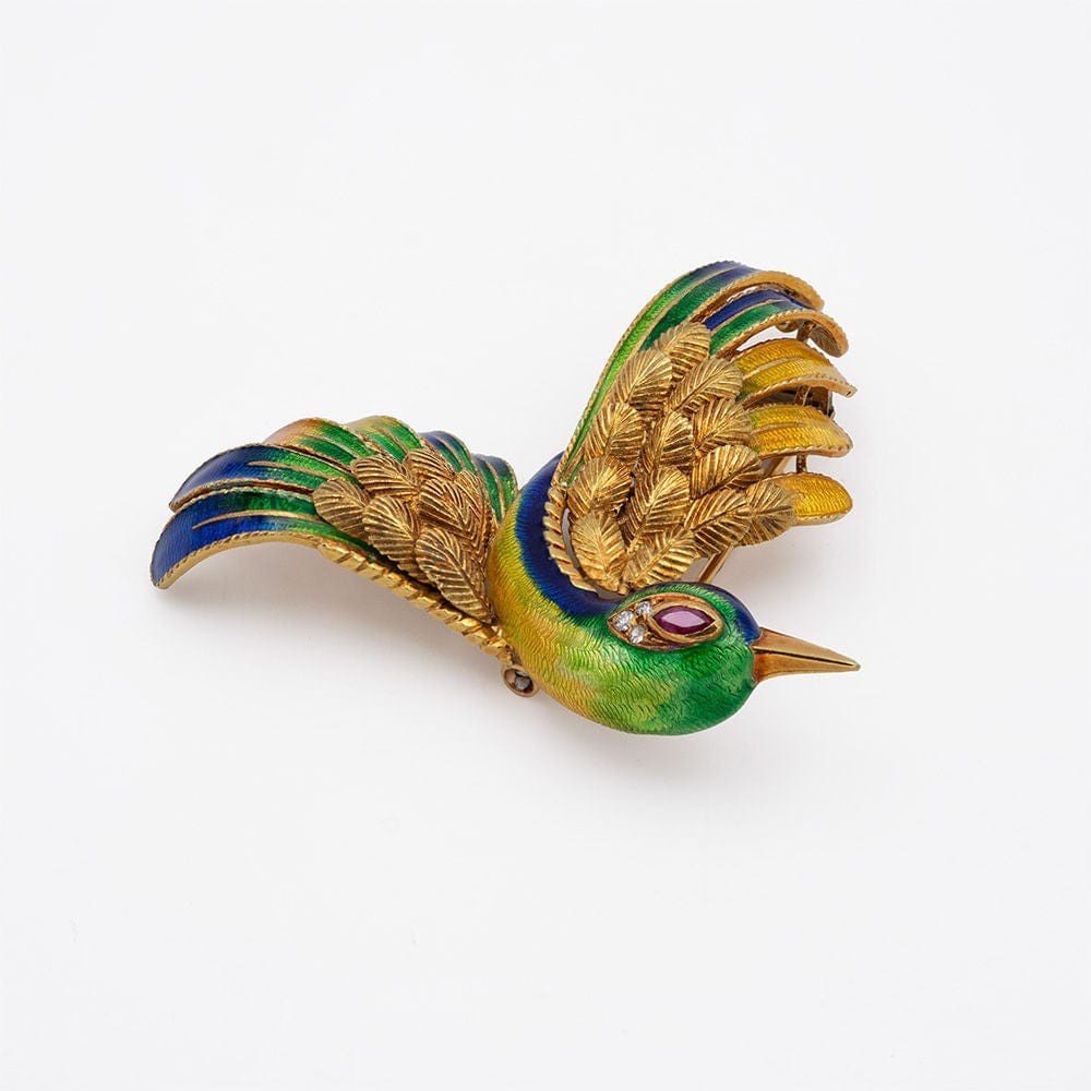 Mauboussin Hummingbrid Brooch, 1960, Enamel, Ruby, Diamonds And 18k Gold-photo-3