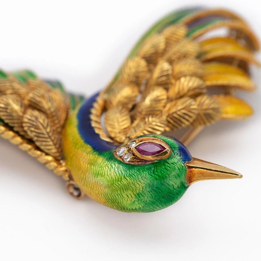 Mauboussin Hummingbrid Brooch, 1960, Enamel, Ruby, Diamonds And 18k Gold-photo-4