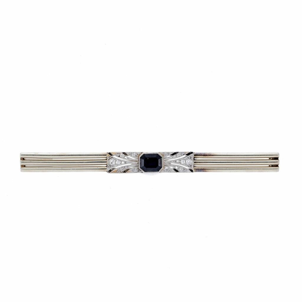 Broche Barrette Art Deco, Or 18k, Platine, Diamants Et Saphir. 1935