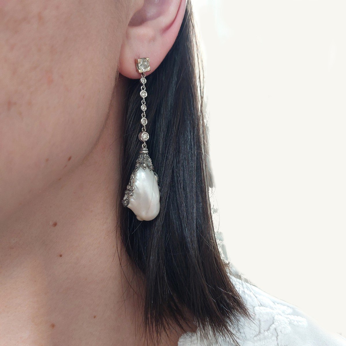 Fine Pearl Drop Earrings “poema” Art Nouveau, Gold, Silver, Diamonds-photo-2