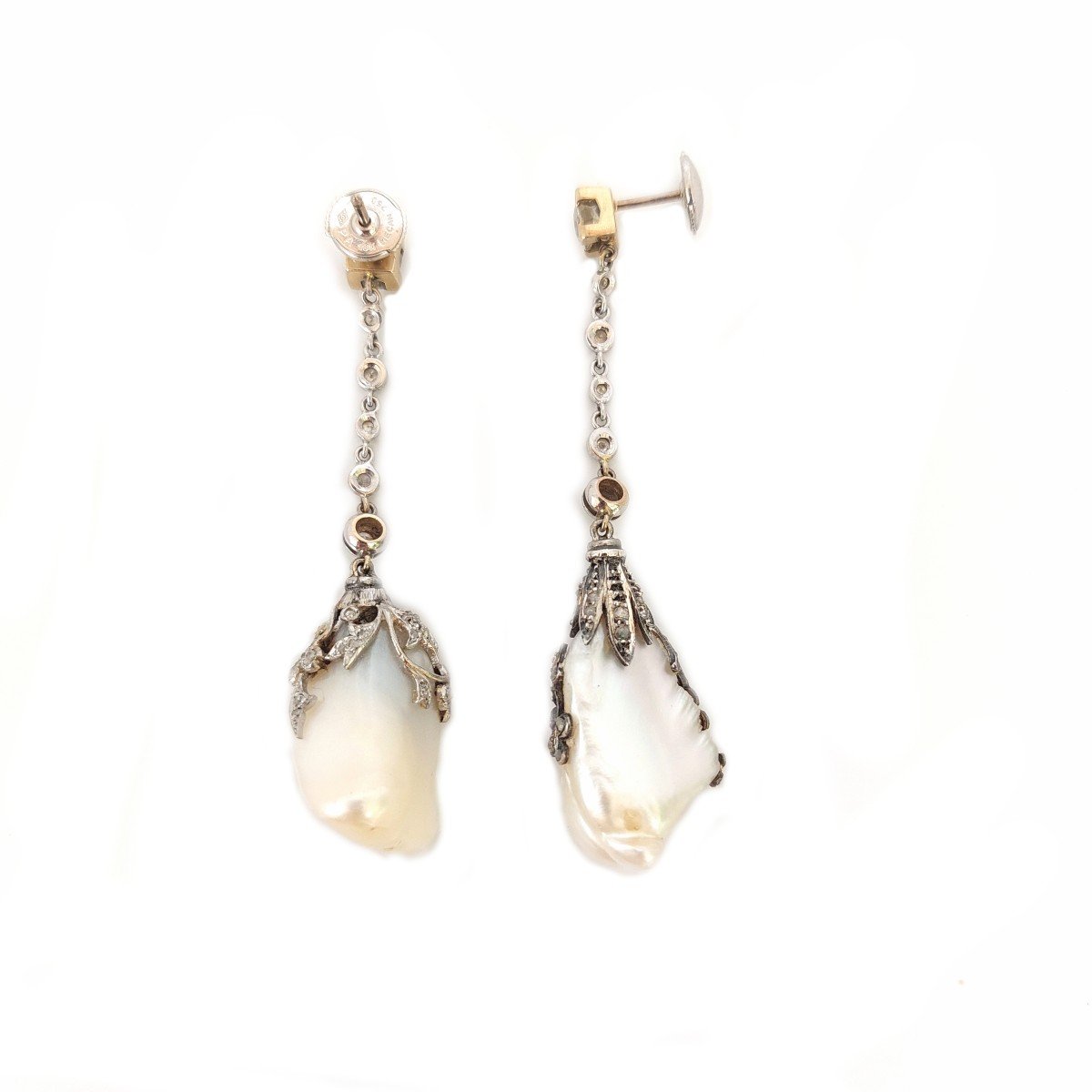 Fine Pearl Drop Earrings “poema” Art Nouveau, Gold, Silver, Diamonds-photo-4