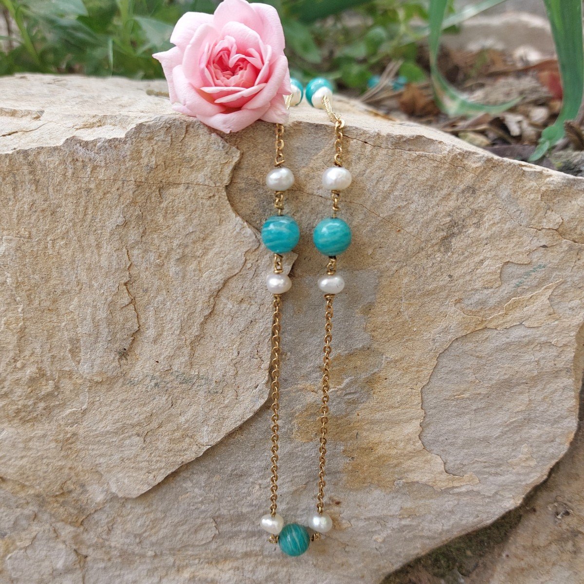“azuria” Long Necklace, Yellow Gold And Amazonite-photo-3