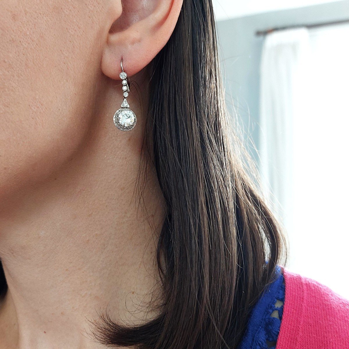 Boucles d'Oreilles 1920 « Bianca », Platine, Or Blanc Et 2,20cts Env. De Diamants-photo-2