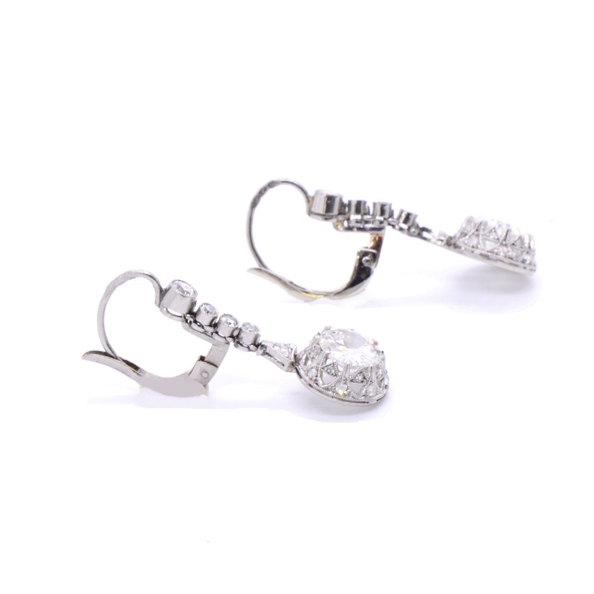 Boucles d'Oreilles 1920 « Bianca », Platine, Or Blanc Et 2,20cts Env. De Diamants-photo-1