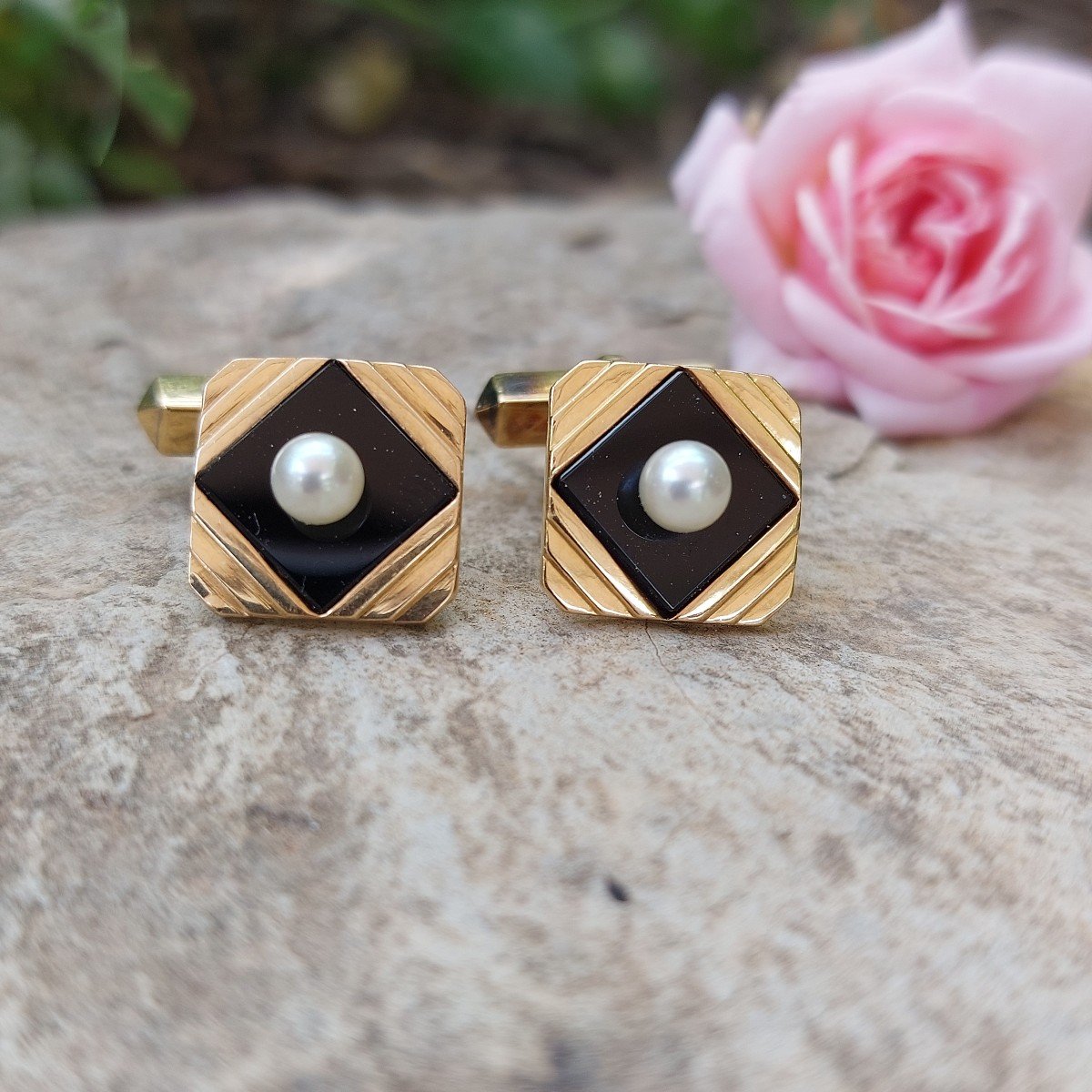 Pair Of "chess" Cufflinks, Gold, Onyx And Pearls-photo-2