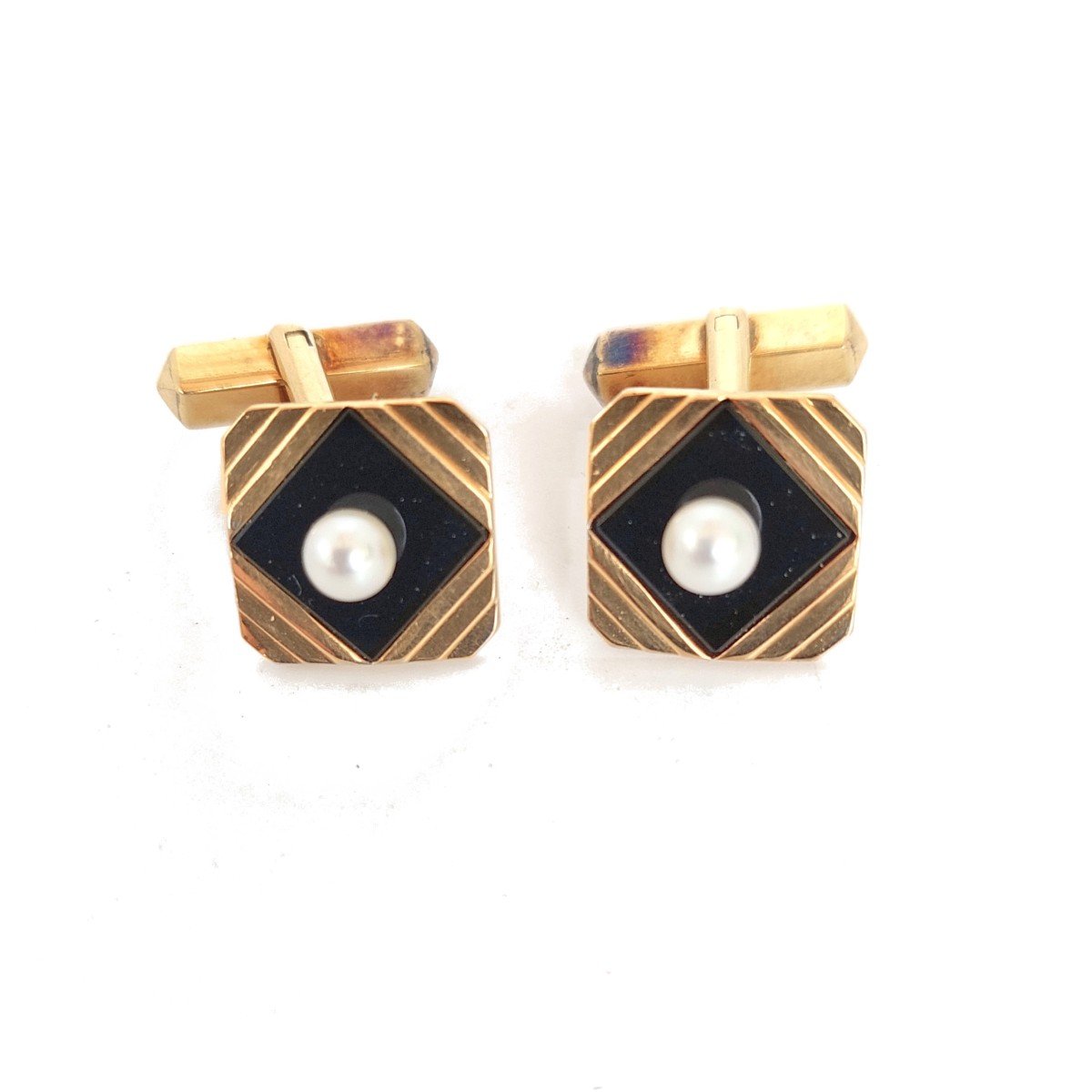 Pair Of "chess" Cufflinks, Gold, Onyx And Pearls