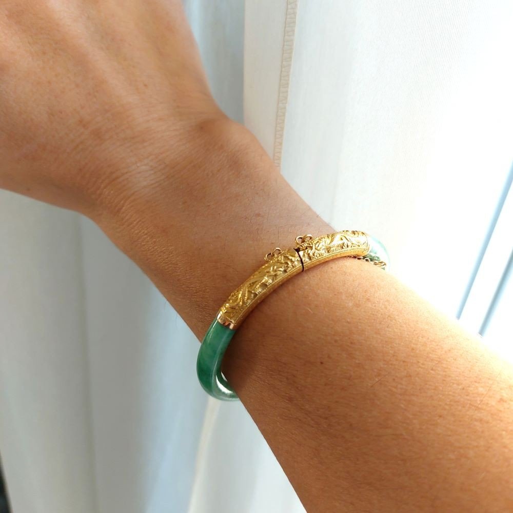 Chinese Gold And Jade Bangle Bracelet-photo-2