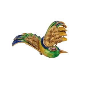 Mauboussin Hummingbrid Brooch, 1960, Enamel, Ruby, Diamonds And 18k Gold