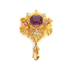 Charles X Pendant Brooch, Amethyst, Gold And Semi-precious Stone, Circa 1830