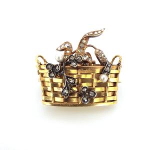 Small Basket Brooch, 19th, Gold, Silver, Diamonds And Pearls. Old Vinaigrette