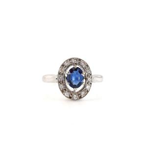 Marguerite Sapphire “crowned” Ring, Sapphire, Diamonds, 18k White Gold