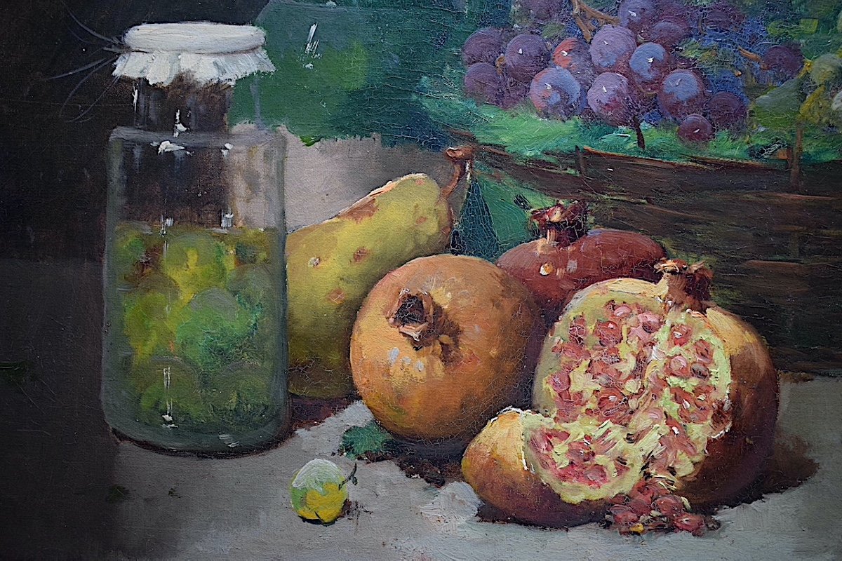 Still Life With Fruits Basket Of Grapes Pomegranates Early XX Unsigned Impressionist Rt639-photo-1