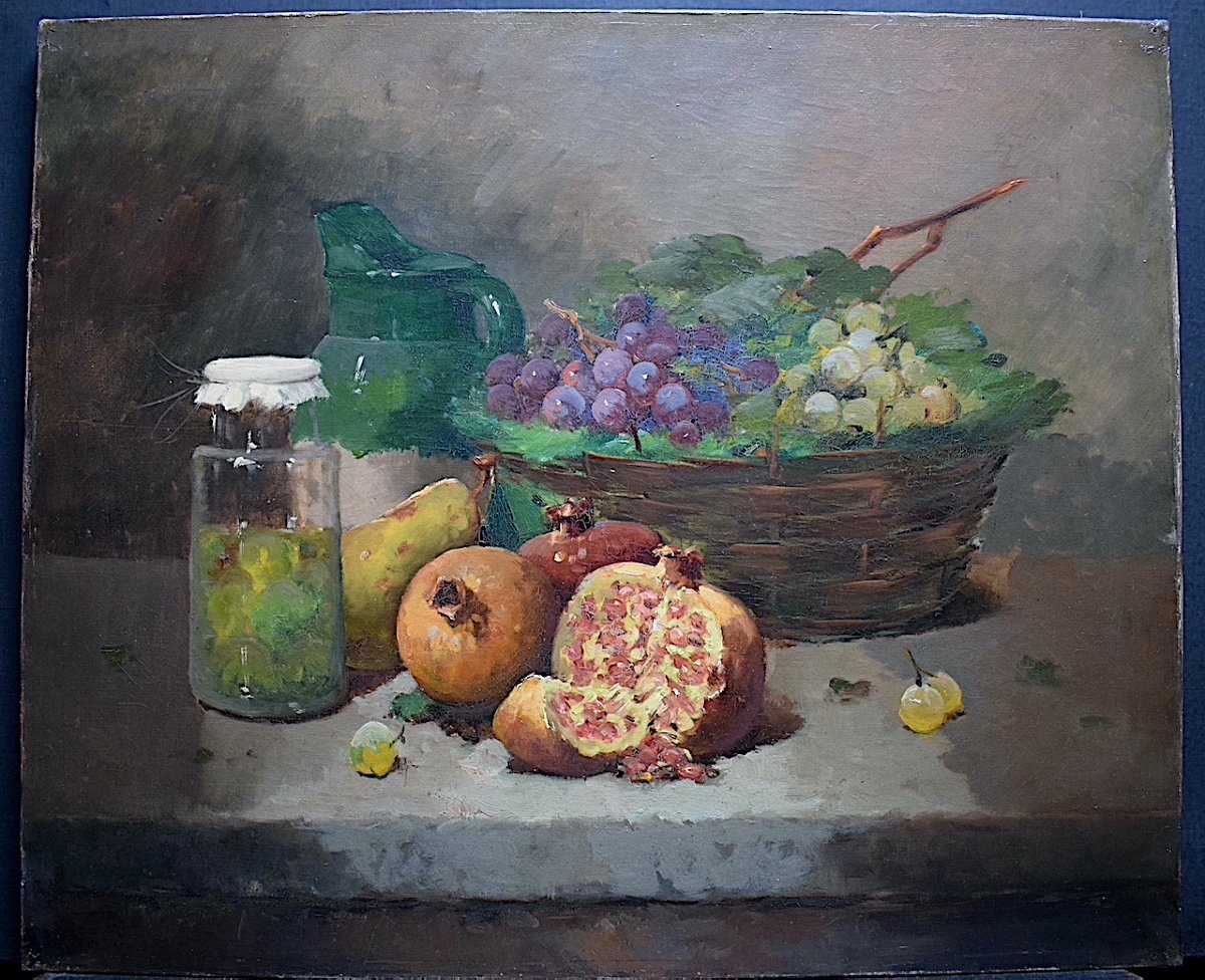 Still Life With Fruits Basket Of Grapes Pomegranates Early XX Unsigned Impressionist Rt639-photo-5