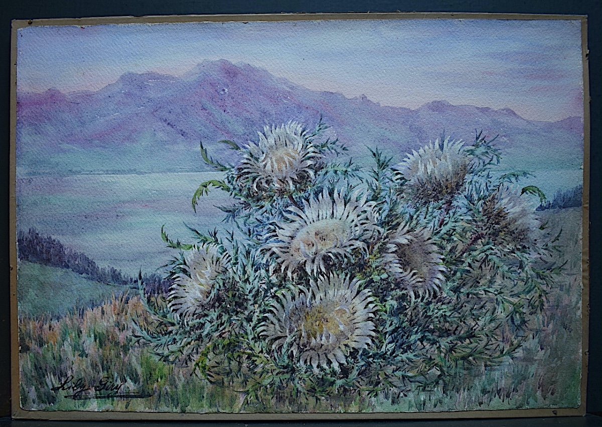 Lily Giry Aquarelle Paysage  de montagne  Fleurs Chardons XIX XX RT660
