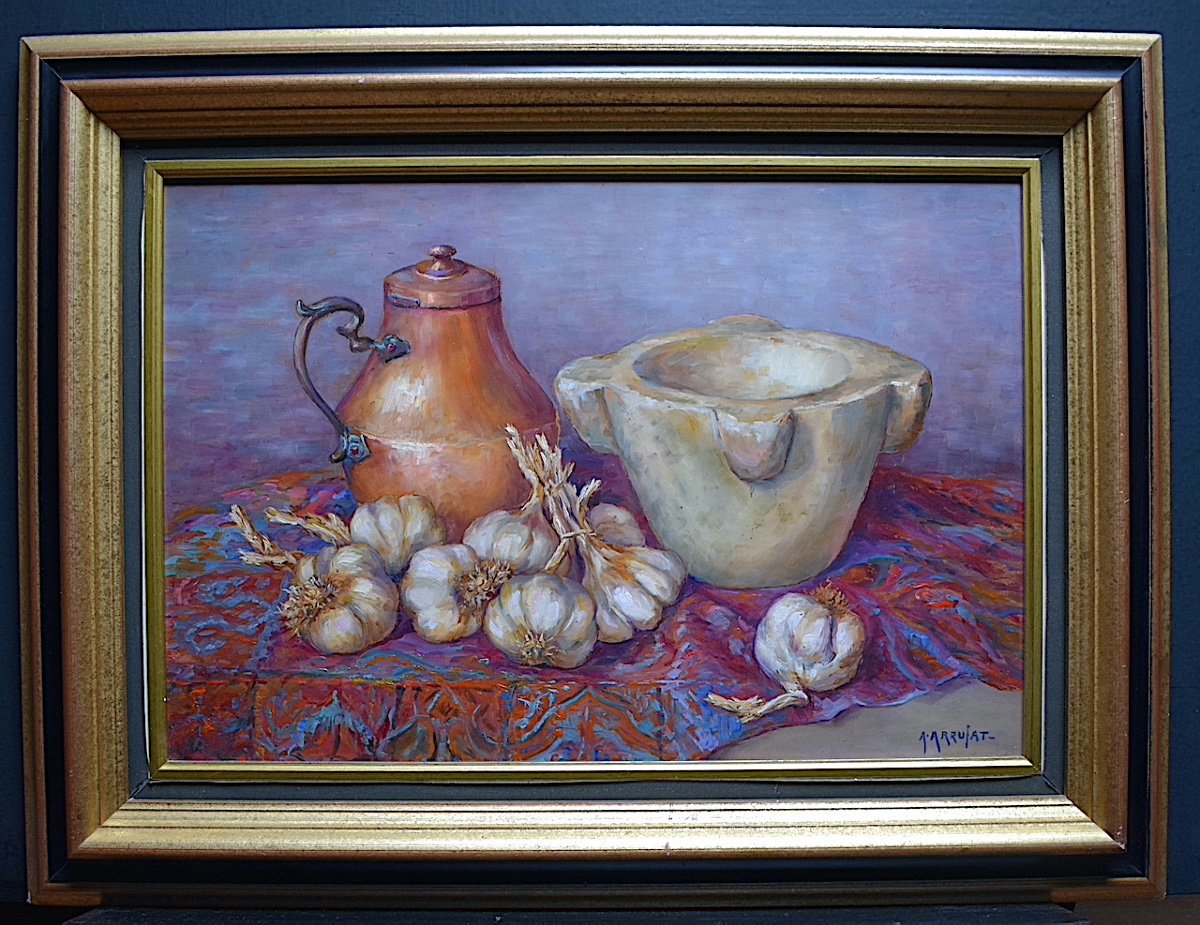  A ARRUFAT Nature  morte Aulx Provence Pichet Cuivre Pilon XX Espagne RT667-photo-4