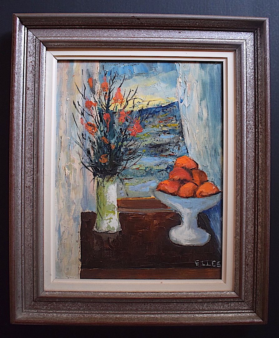 Still Life With Fruit Compote And Bouquet Of Flowers Signed Elles XX Rt679-photo-3