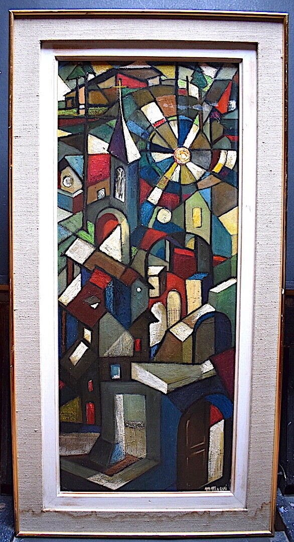 M Masoni Landscape Village Morteau Doubs Abstract Cubist Stained Glass Style Signed M Masoni XX Rt684 -photo-7